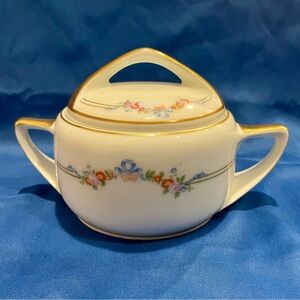 Vintage Double Handled Sugar Bowl in White and Gold Porcelain
